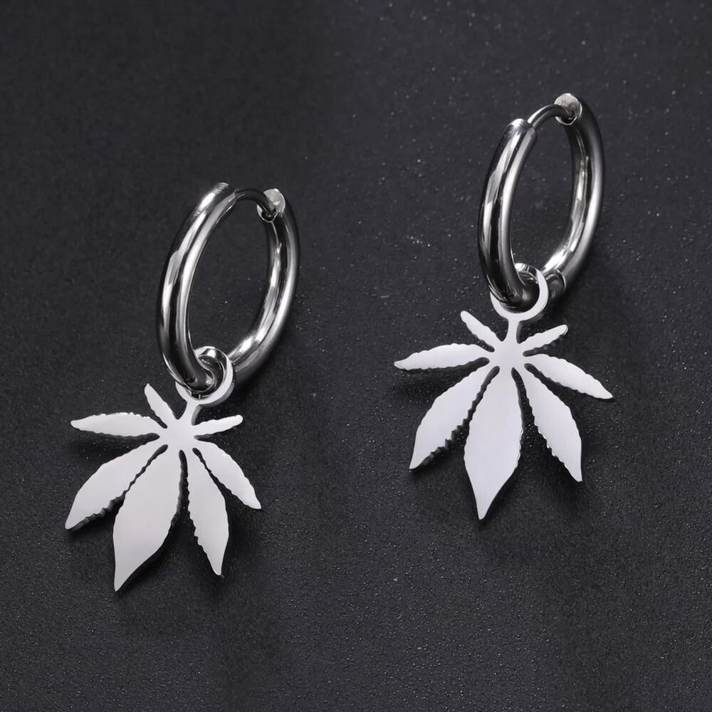 Silver Weed‎ Leaf Hoop Earrings Hypoallergenic Stainless Steel Marijuana